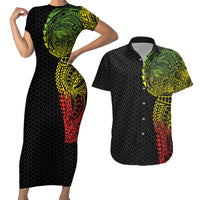 Hawaiian Traditional Tattoos Couples Matching Short Sleeve Bodycon Dress and Hawaiian Shirt Kakau Tribal Tropical Plant Motif Kanaka Maoli Flag Color Inspired LT03 Multicolor - Polynesian Pride
