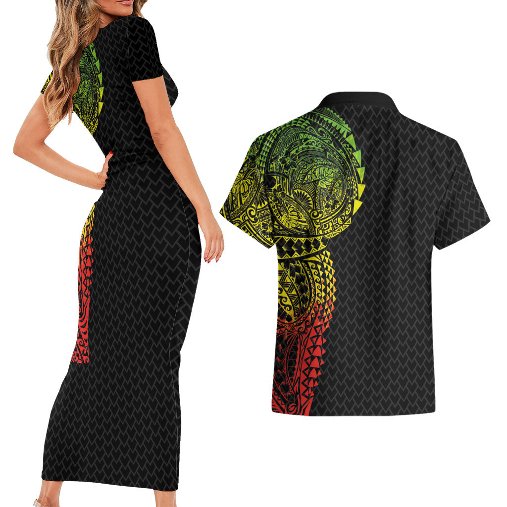 Hawaiian Traditional Tattoos Couples Matching Short Sleeve Bodycon Dress and Hawaiian Shirt Kakau Tribal Tropical Plant Motif Kanaka Maoli Flag Color Inspired LT03 - Polynesian Pride