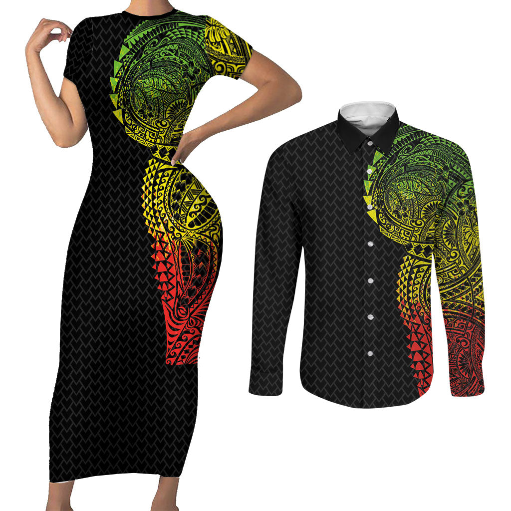 Hawaiian Traditional Tattoos Couples Matching Short Sleeve Bodycon Dress and Long Sleeve Button Shirt Kakau Tribal Tropical Plant Motif Kanaka Maoli Flag Color Inspired