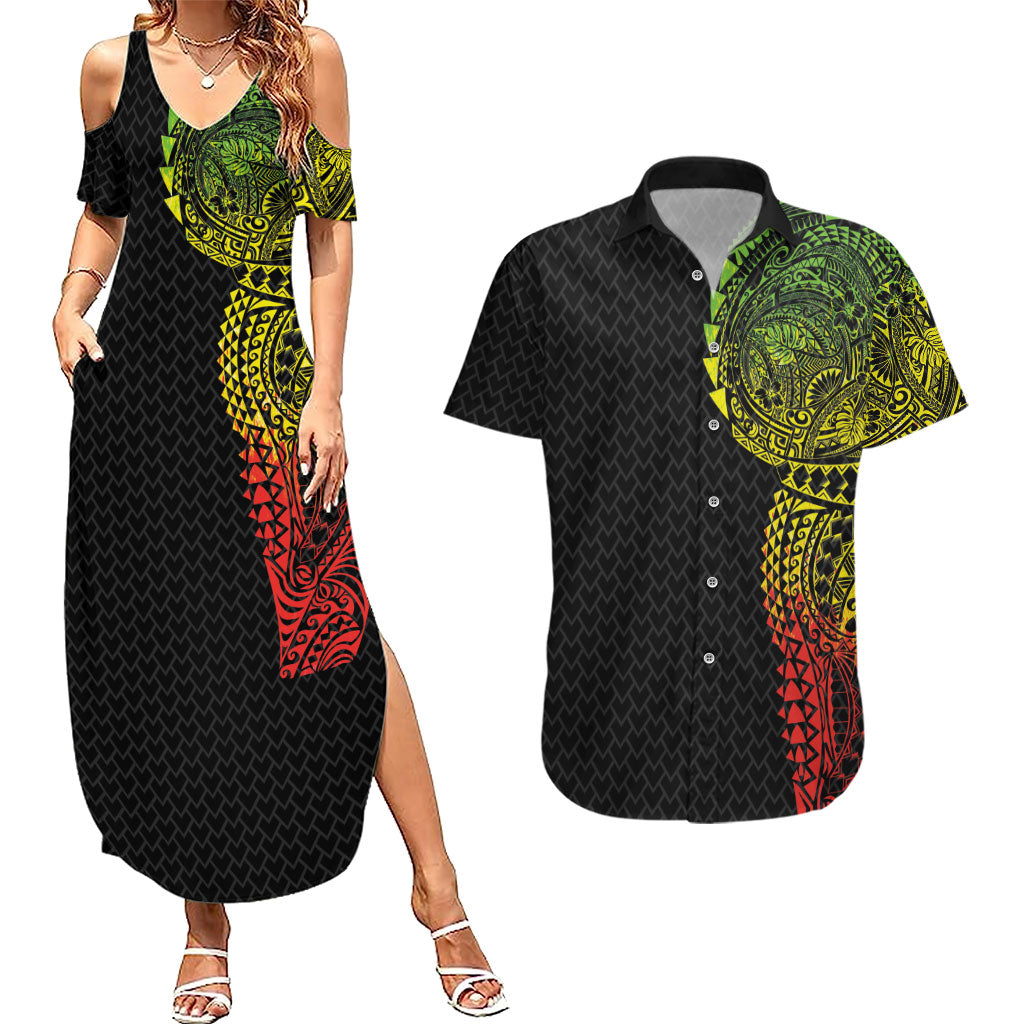 Hawaiian Traditional Tattoos Couples Matching Summer Maxi Dress and Hawaiian Shirt Kakau Tribal Tropical Plant Motif Kanaka Maoli Flag Color Inspired