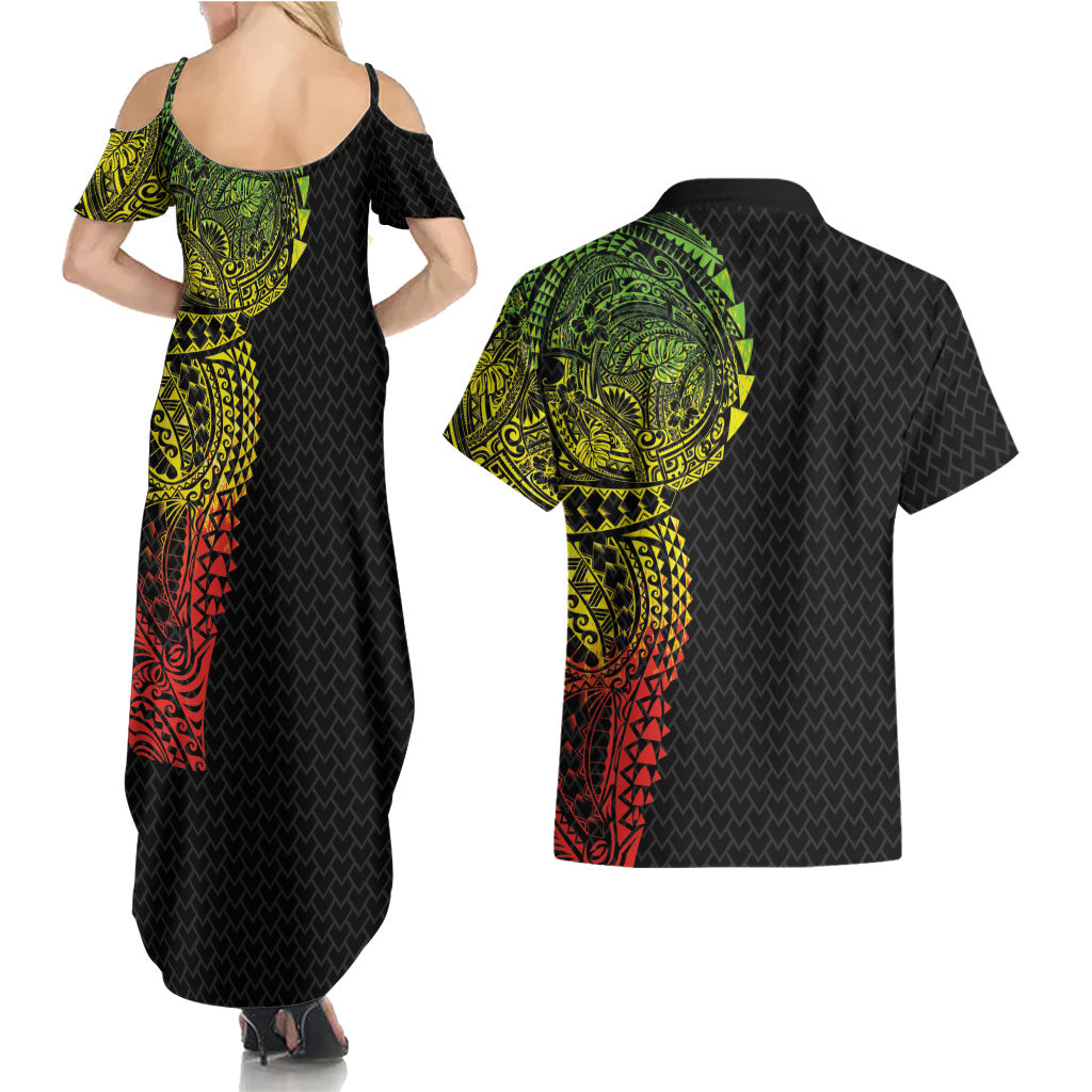 Hawaiian Traditional Tattoos Couples Matching Summer Maxi Dress and Hawaiian Shirt Kakau Tribal Tropical Plant Motif Kanaka Maoli Flag Color Inspired LT03 - Polynesian Pride