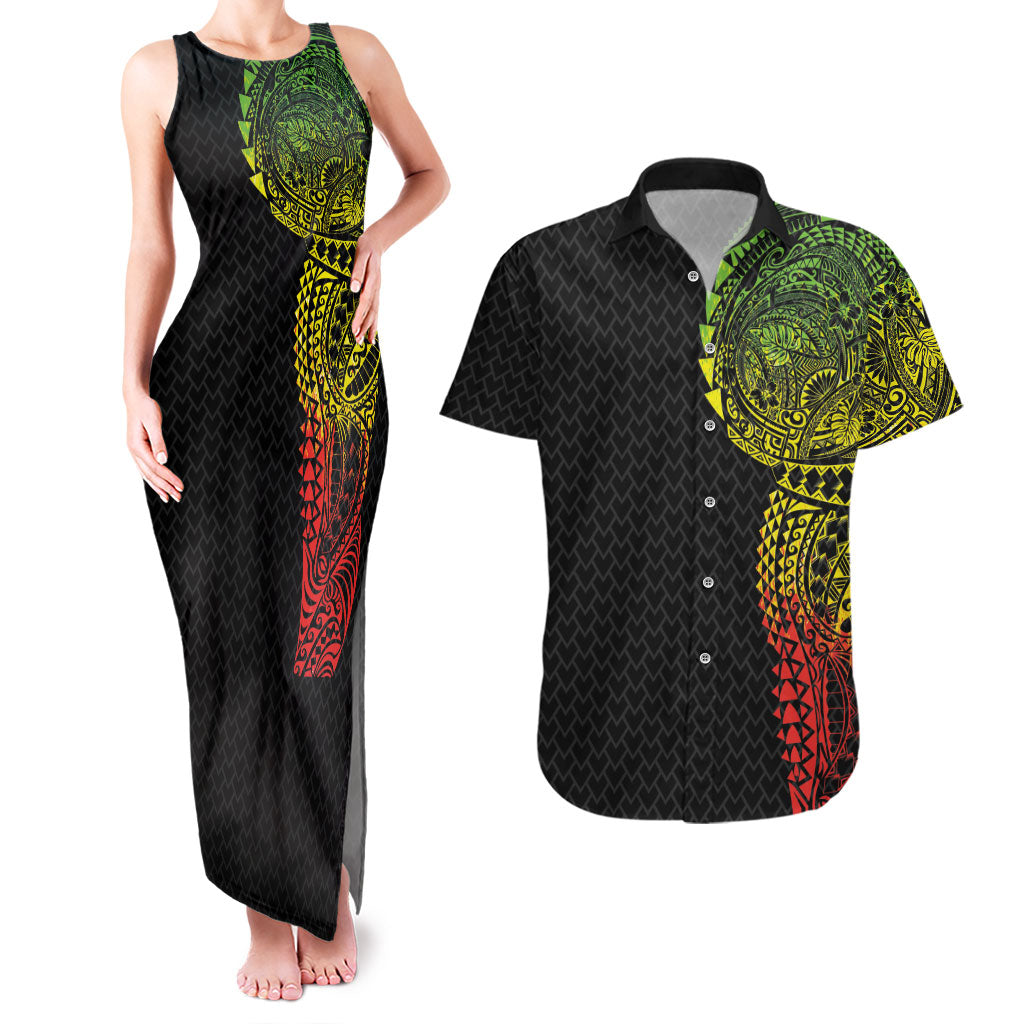 Hawaiian Traditional Tattoos Couples Matching Tank Maxi Dress and Hawaiian Shirt Kakau Tribal Tropical Plant Motif Kanaka Maoli Flag Color Inspired