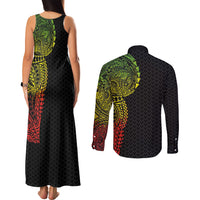 Hawaiian Traditional Tattoos Couples Matching Tank Maxi Dress and Long Sleeve Button Shirt Kakau Tribal Tropical Plant Motif Kanaka Maoli Flag Color Inspired LT03 - Polynesian Pride