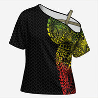 Hawaiian Traditional Tattoos Cross Shoulder Shirt Kakau Tribal Tropical Plant Motif Kanaka Maoli Flag Color Inspired LT03 Female Multicolor - Polynesian Pride