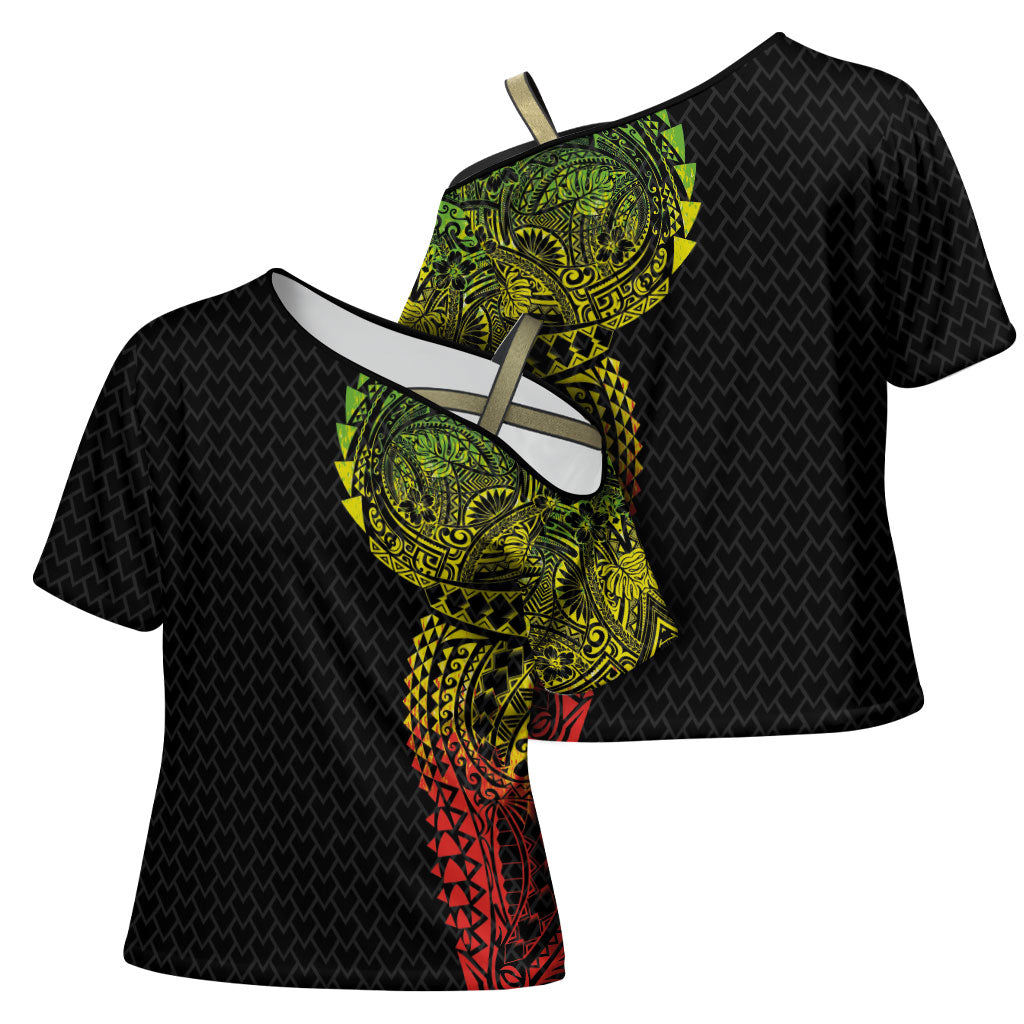 Hawaiian Traditional Tattoos Cross Shoulder Shirt Kakau Tribal Tropical Plant Motif Kanaka Maoli Flag Color Inspired LT03 - Polynesian Pride