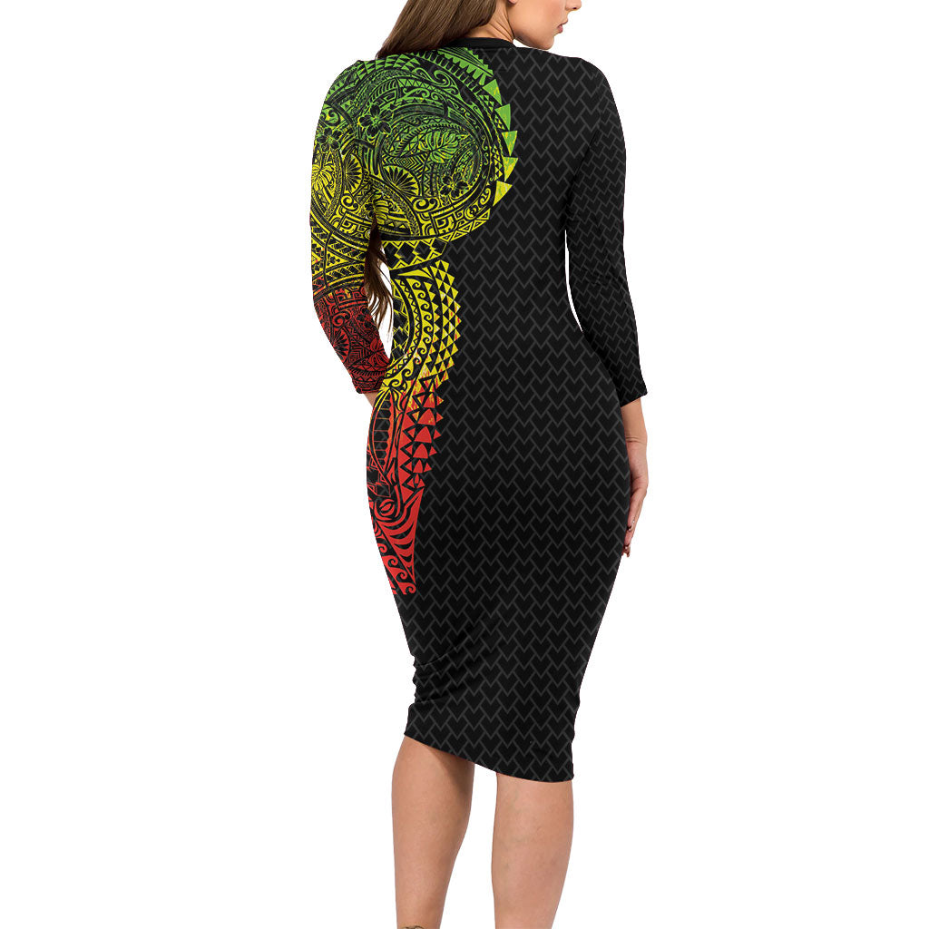 Hawaiian Traditional Tattoos Family Matching Long Sleeve Bodycon Dress and Hawaiian Shirt Kakau Tribal Tropical Plant Motif Kanaka Maoli Flag Color Inspired LT03 - Polynesian Pride