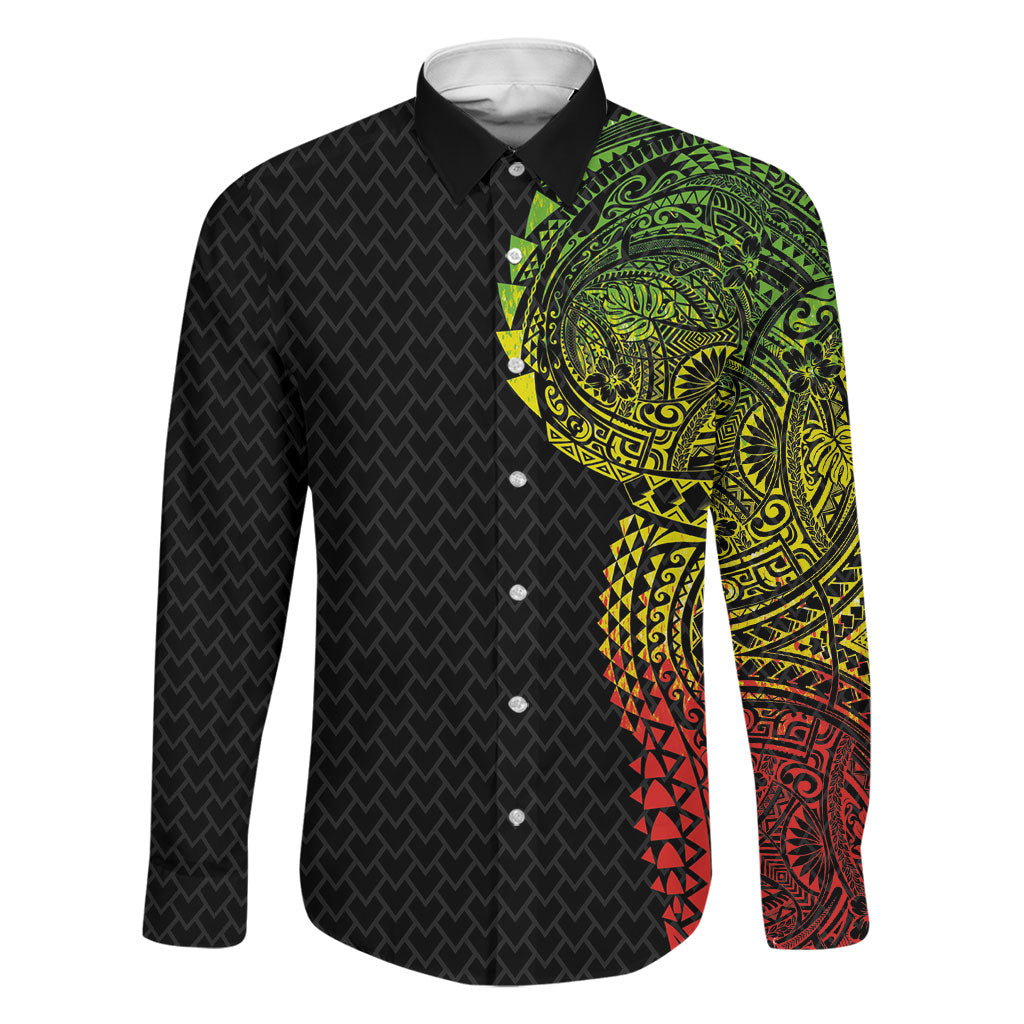 Hawaiian Traditional Tattoos Family Matching Mermaid Dress and Hawaiian Shirt Kakau Tribal Tropical Plant Motif Kanaka Maoli Flag Color Inspired LT03 Dad's Shirt - Long Sleeve Multicolor - Polynesian Pride