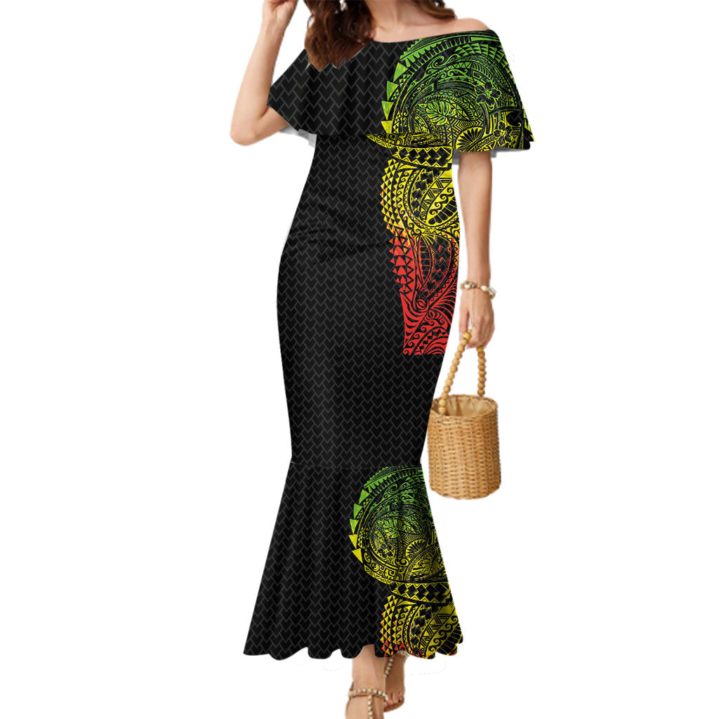 Hawaiian Traditional Tattoos Family Matching Mermaid Dress and Hawaiian Shirt Kakau Tribal Tropical Plant Motif Kanaka Maoli Flag Color Inspired LT03 Mom's Dress Multicolor - Polynesian Pride