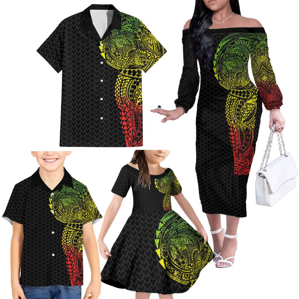 Hawaiian Traditional Tattoos Family Matching Off The Shoulder Long Sleeve Dress and Hawaiian Shirt Kakau Tribal Tropical Plant Motif Kanaka Maoli Flag Color Inspired LT03 - Polynesian Pride
