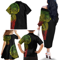 Hawaiian Traditional Tattoos Family Matching Off The Shoulder Long Sleeve Dress and Hawaiian Shirt Kakau Tribal Tropical Plant Motif Kanaka Maoli Flag Color Inspired LT03 - Polynesian Pride