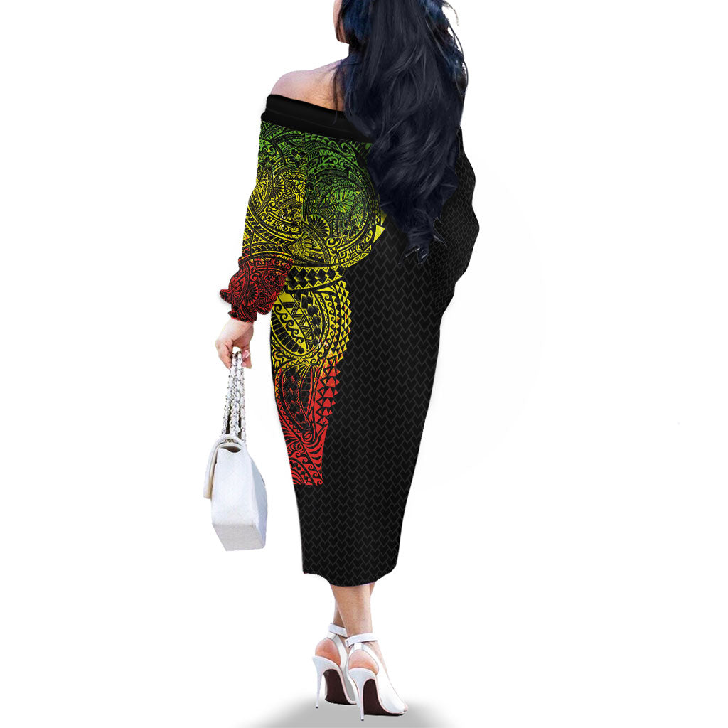 Hawaiian Traditional Tattoos Family Matching Off The Shoulder Long Sleeve Dress and Hawaiian Shirt Kakau Tribal Tropical Plant Motif Kanaka Maoli Flag Color Inspired LT03 - Polynesian Pride