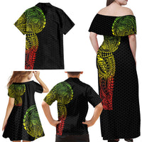 Hawaiian Traditional Tattoos Family Matching Off Shoulder Maxi Dress and Hawaiian Shirt Kakau Tribal Tropical Plant Motif Kanaka Maoli Flag Color Inspired LT03 - Polynesian Pride