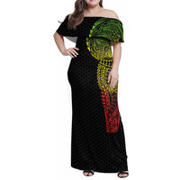 Hawaiian Traditional Tattoos Family Matching Off Shoulder Maxi Dress and Hawaiian Shirt Kakau Tribal Tropical Plant Motif Kanaka Maoli Flag Color Inspired LT03 Mom's Dress Multicolor - Polynesian Pride