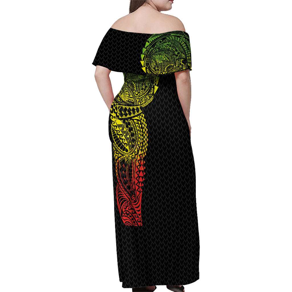 Hawaiian Traditional Tattoos Family Matching Off Shoulder Maxi Dress and Hawaiian Shirt Kakau Tribal Tropical Plant Motif Kanaka Maoli Flag Color Inspired LT03 - Polynesian Pride
