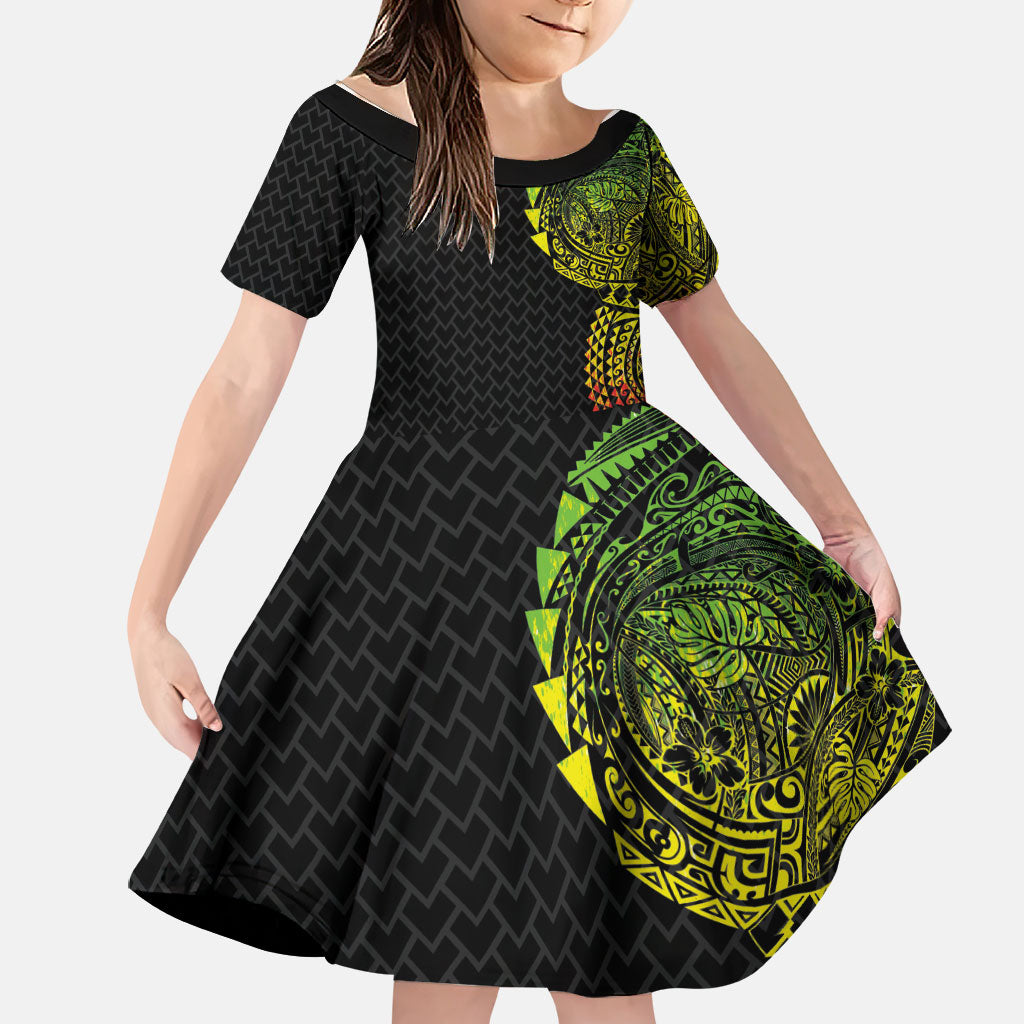 Hawaiian Traditional Tattoos Family Matching Off Shoulder Short Dress and Hawaiian Shirt Kakau Tribal Tropical Plant Motif Kanaka Maoli Flag Color Inspired LT03 Daughter's Dress Multicolor - Polynesian Pride