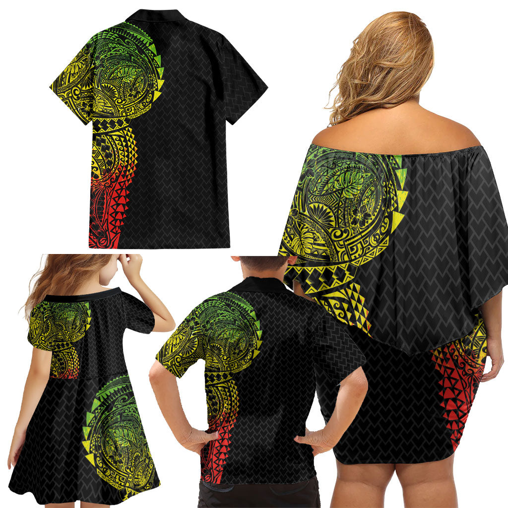 Hawaiian Traditional Tattoos Family Matching Off Shoulder Short Dress and Hawaiian Shirt Kakau Tribal Tropical Plant Motif Kanaka Maoli Flag Color Inspired LT03 - Polynesian Pride