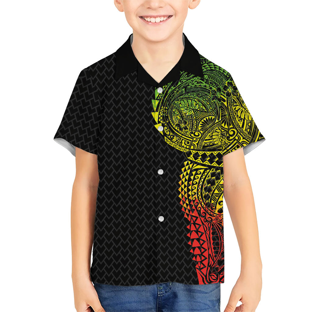 Hawaiian Traditional Tattoos Family Matching Puletasi and Hawaiian Shirt Kakau Tribal Tropical Plant Motif Kanaka Maoli Flag Color Inspired LT03 Son's Shirt Multicolor - Polynesian Pride