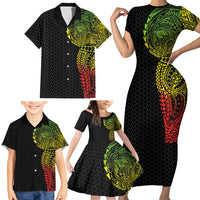 Hawaiian Traditional Tattoos Family Matching Short Sleeve Bodycon Dress and Hawaiian Shirt Kakau Tribal Tropical Plant Motif Kanaka Maoli Flag Color Inspired LT03 - Polynesian Pride