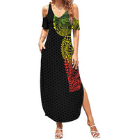 Hawaiian Traditional Tattoos Family Matching Summer Maxi Dress and Hawaiian Shirt Kakau Tribal Tropical Plant Motif Kanaka Maoli Flag Color Inspired LT03 Mom's Dress Multicolor - Polynesian Pride