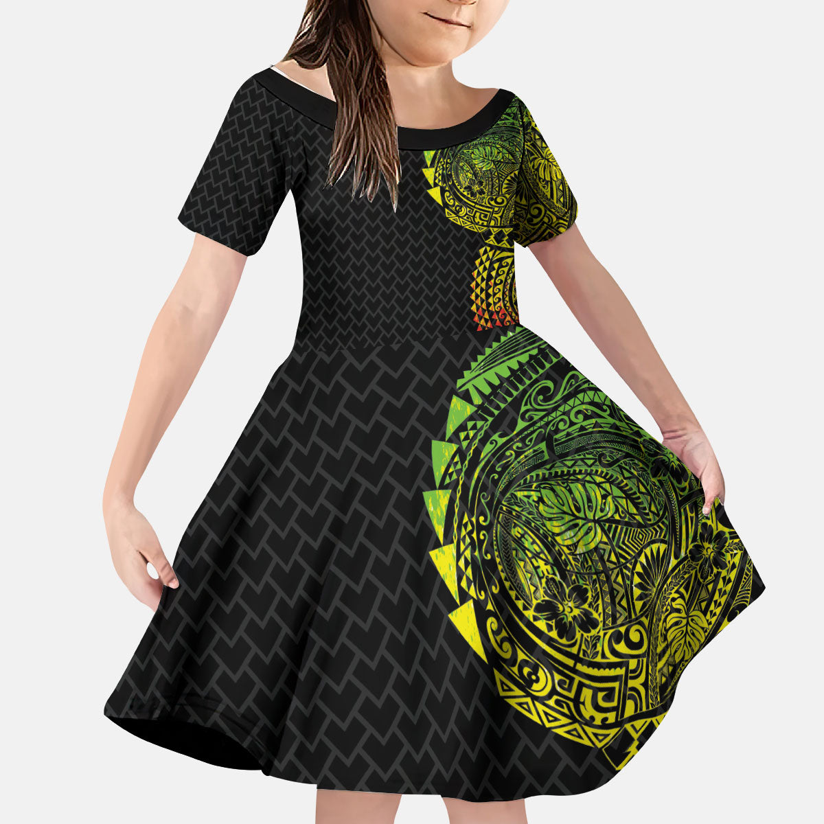 Hawaiian Traditional Tattoos Kid Short Sleeve Dress Kakau Tribal Tropical Plant Motif Kanaka Maoli Flag Color Inspired