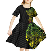 Hawaiian Traditional Tattoos Kid Short Sleeve Dress Kakau Tribal Tropical Plant Motif Kanaka Maoli Flag Color Inspired LT03 - Polynesian Pride