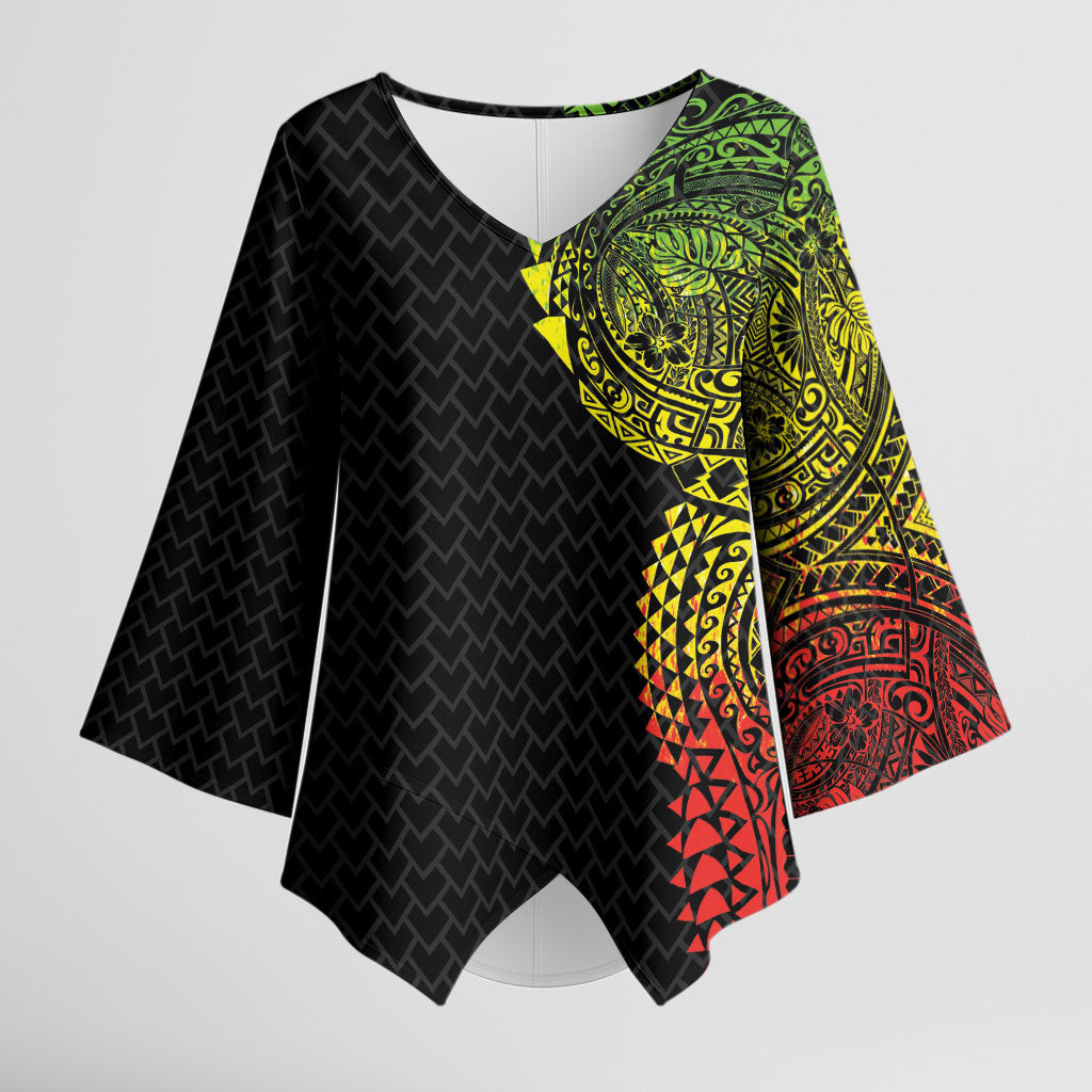 Hawaiian Traditional Tattoos Kimono Sleeve Blouse Kakau Tribal Tropical Plant Motif Kanaka Maoli Flag Color Inspired LT03 Female Multicolor - Polynesian Pride
