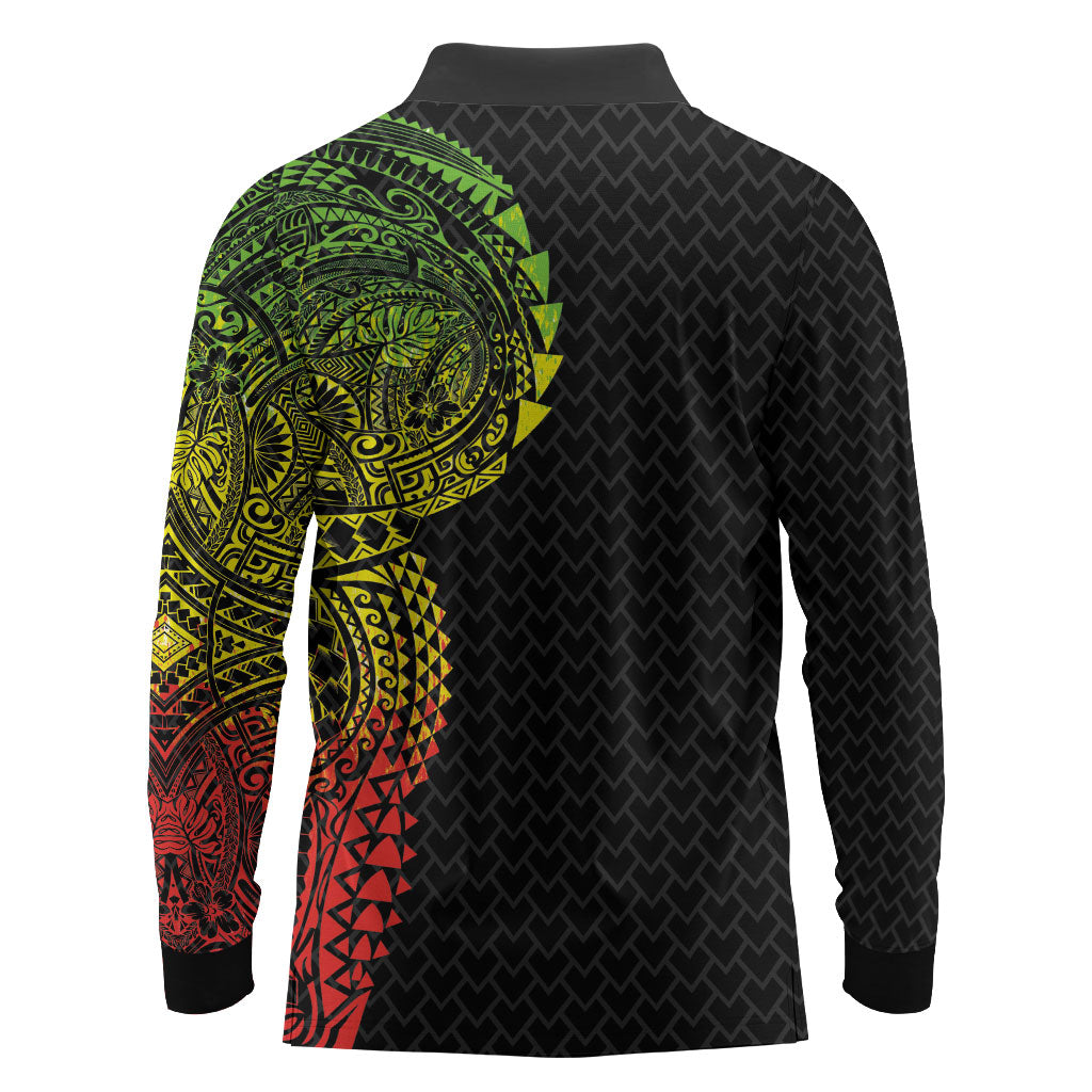 Hawaiian Traditional Tattoos Long Sleeve Polo Shirt Kakau Tribal Tropical Plant Motif Kanaka Maoli Flag Color Inspired LT03 - Polynesian Pride