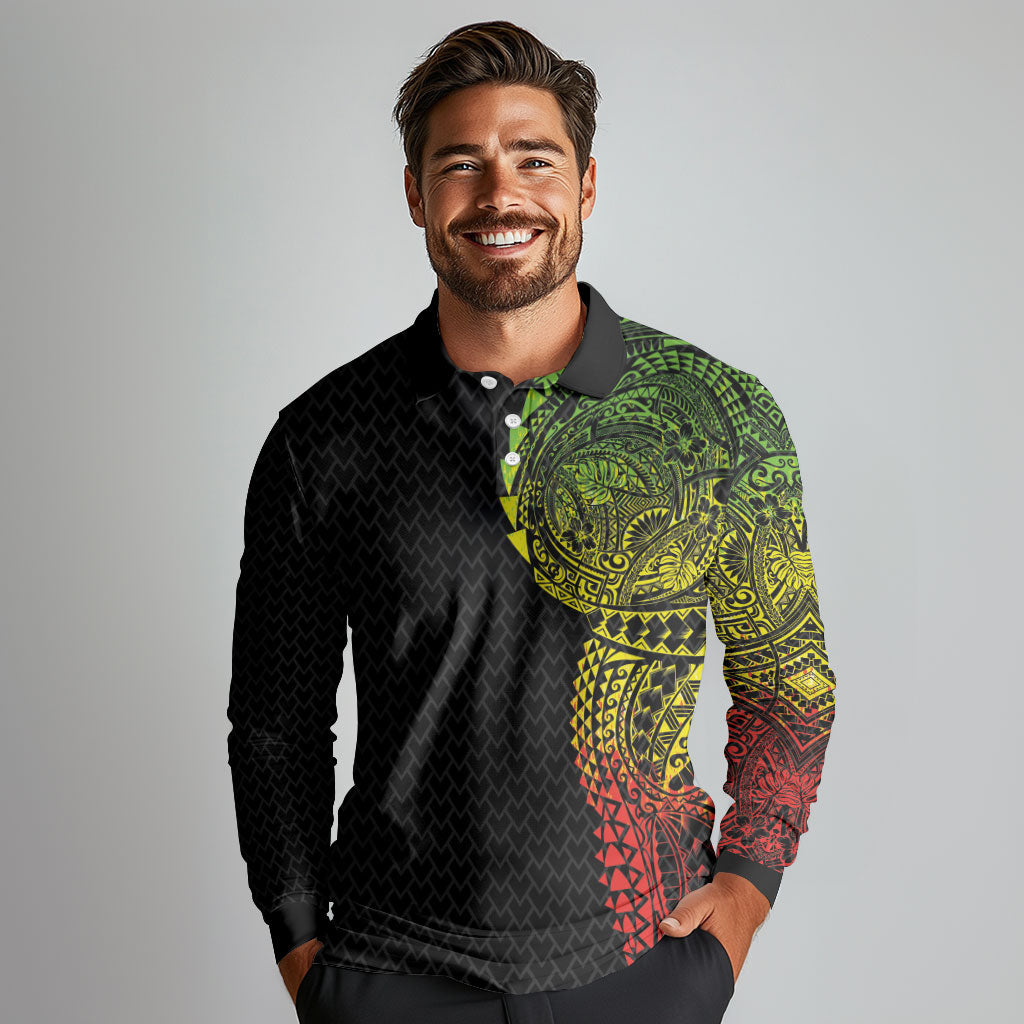 Hawaiian Traditional Tattoos Long Sleeve Polo Shirt Kakau Tribal Tropical Plant Motif Kanaka Maoli Flag Color Inspired LT03 - Polynesian Pride