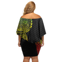 Hawaiian Traditional Tattoos Off Shoulder Short Dress Kakau Tribal Tropical Plant Motif Kanaka Maoli Flag Color Inspired LT03 - Polynesian Pride