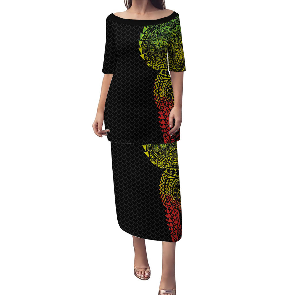 Hawaiian Traditional Tattoos Puletasi Kakau Tribal Tropical Plant Motif Kanaka Maoli Flag Color Inspired LT03 Long Dress Multicolor - Polynesian Pride