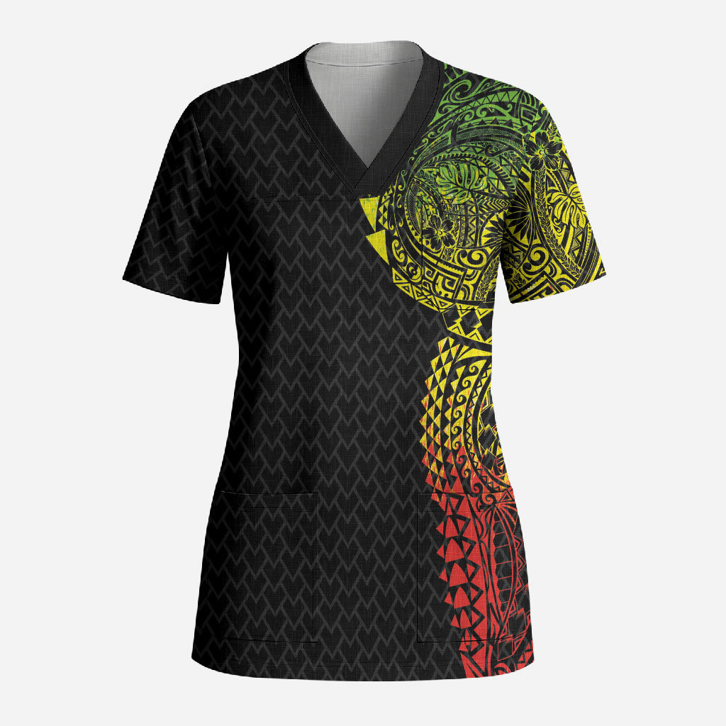Hawaiian Traditional Tattoos Scrub Top Kakau Tribal Tropical Plant Motif Kanaka Maoli Flag Color Inspired LT03 Adult Multicolor - Polynesian Pride