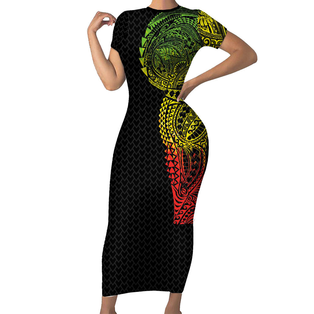 Hawaiian Traditional Tattoos Short Sleeve Bodycon Dress Kakau Tribal Tropical Plant Motif Kanaka Maoli Flag Color Inspired LT03 Long Dress Multicolor - Polynesian Pride