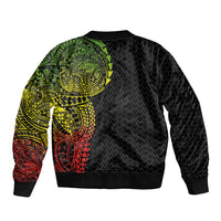 Hawaiian Traditional Tattoos Sleeve Zip Bomber Jacket Kakau Tribal Tropical Plant Motif Kanaka Maoli Flag Color Inspired LT03 - Polynesian Pride