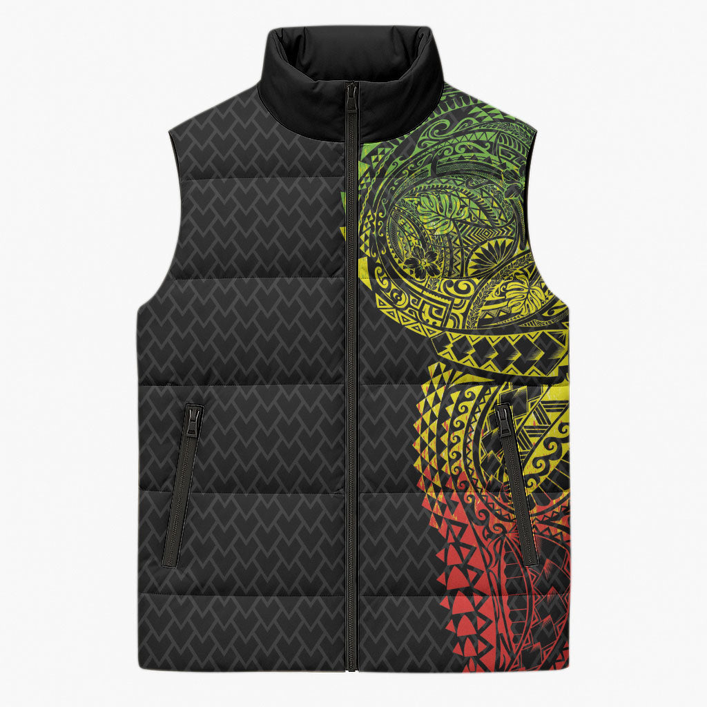 Hawaiian Traditional Tattoos Sleeveless Puffer Jacket Kakau Tribal Tropical Plant Motif Kanaka Maoli Flag Color Inspired