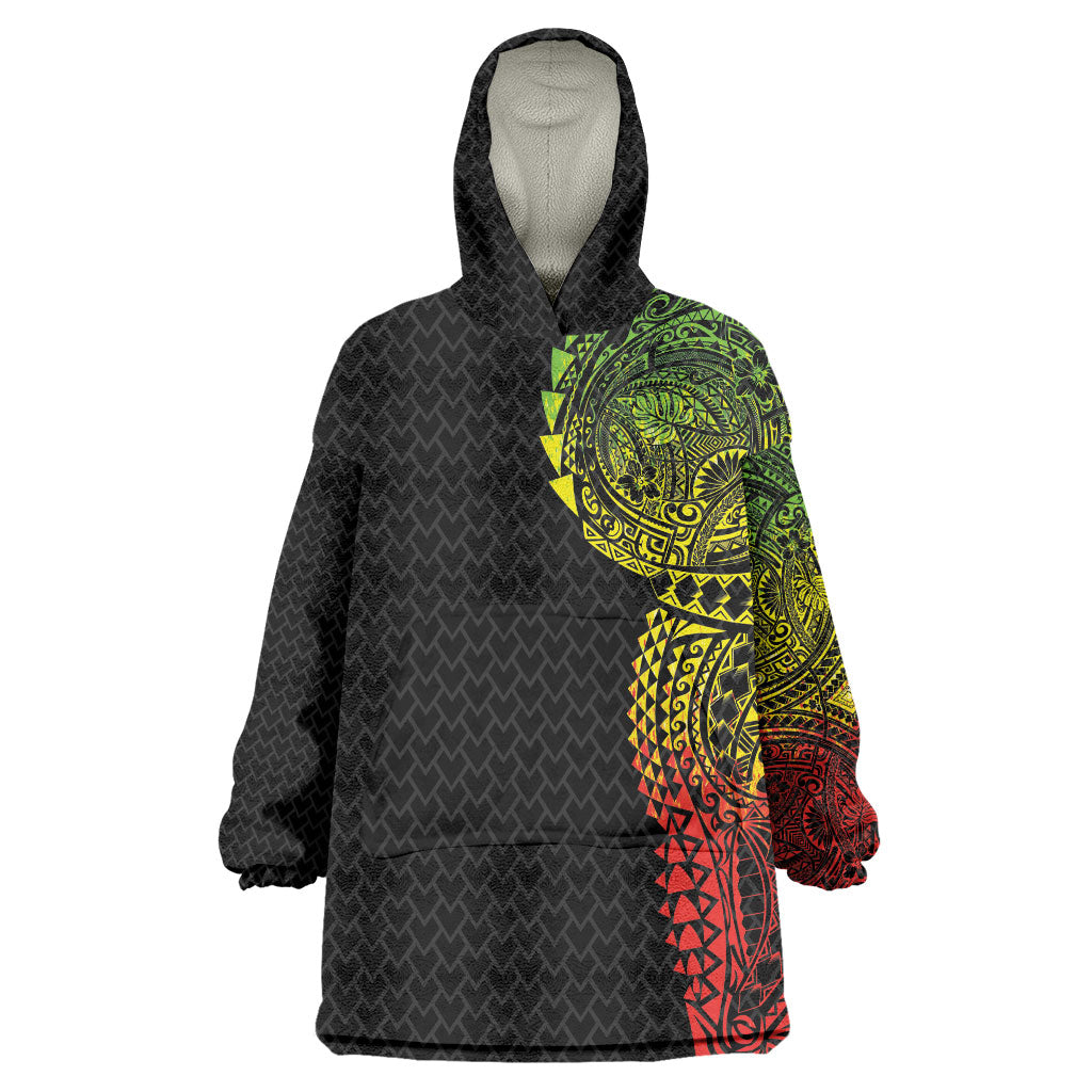 Hawaiian Traditional Tattoos Wearable Blanket Hoodie Kakau Tribal Tropical Plant Motif Kanaka Maoli Flag Color Inspired