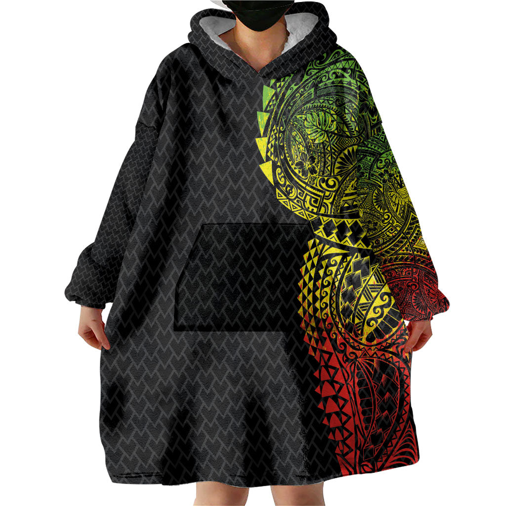 Hawaiian Traditional Tattoos Wearable Blanket Hoodie Kakau Tribal Tropical Plant Motif Kanaka Maoli Flag Color Inspired LT03 - Polynesian Pride