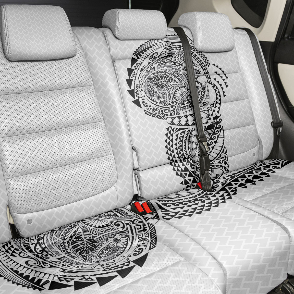 Hawaiian Traditional Tattoos Back Car Seat Cover Kakau Tribal Tropical Plant Motif White Color