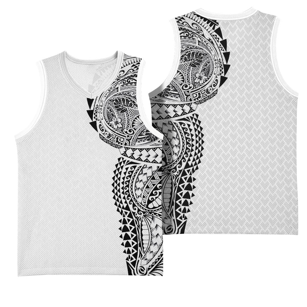 Hawaiian Traditional Tattoos Basketball Jersey Kakau Tribal Tropical Plant Motif White Color