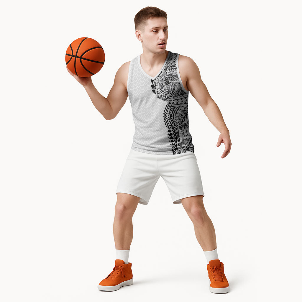 Hawaiian Traditional Tattoos Basketball Jersey Kakau Tribal Tropical Plant Motif White Color