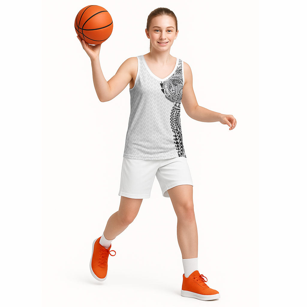 Hawaiian Traditional Tattoos Basketball Jersey Kakau Tribal Tropical Plant Motif White Color