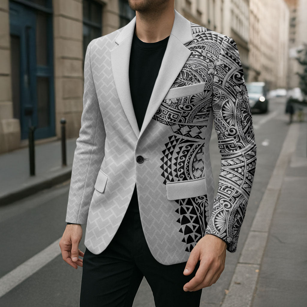 Hawaiian Traditional Tattoos Blazer Kakau Tribal Tropical Plant Motif White Color