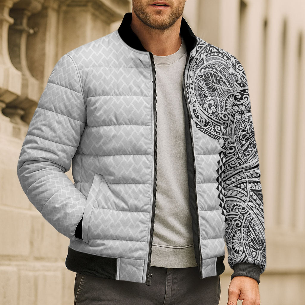 Hawaiian Traditional Tattoos Bomber Puffer Jacket Kakau Tribal Tropical Plant Motif White Color