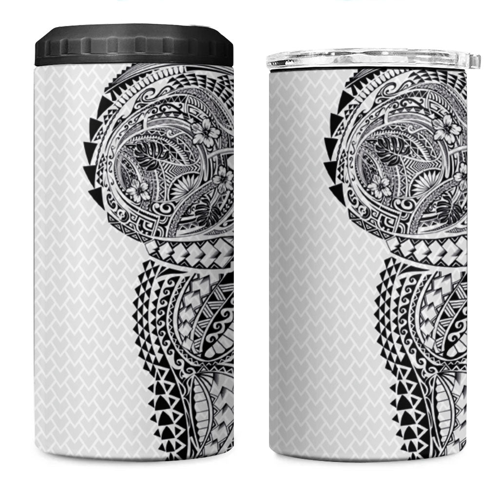 Hawaiian Traditional Tattoos 4 in 1 Can Cooler Tumbler Kakau Tribal Tropical Plant Motif White Color