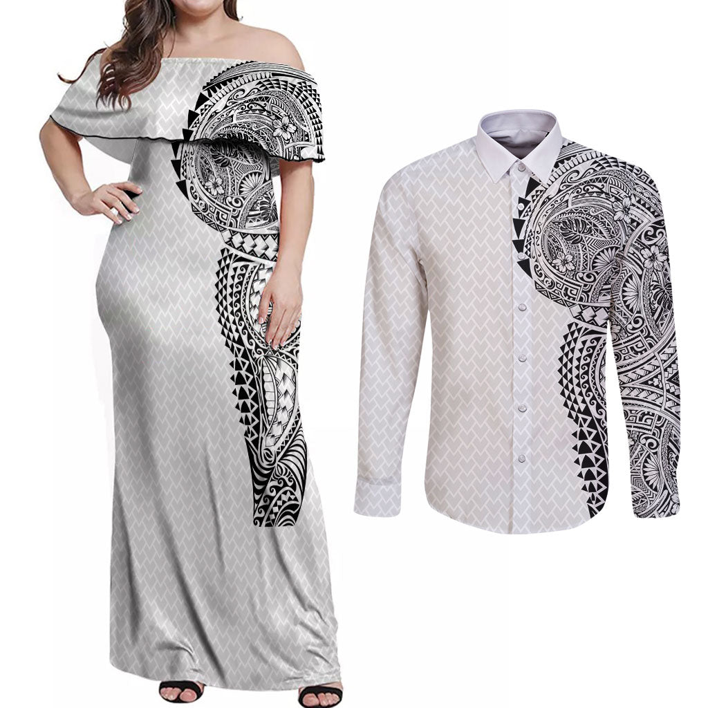 Hawaiian Traditional Tattoos Couples Matching Off Shoulder Maxi Dress and Long Sleeve Button Shirt Kakau Tribal Tropical Plant Motif White Color
