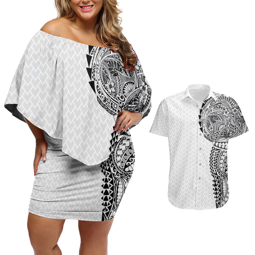 Hawaiian Traditional Tattoos Couples Matching Off Shoulder Short Dress and Hawaiian Shirt Kakau Tribal Tropical Plant Motif White Color LT03 White - Polynesian Pride