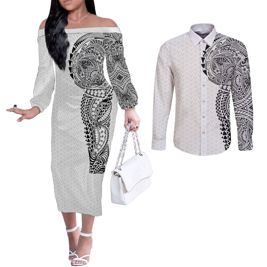 Hawaiian Traditional Tattoos Couples Matching Off The Shoulder Long Sleeve Dress and Long Sleeve Button Shirt Kakau Tribal Tropical Plant Motif White Color LT03 White - Polynesian Pride