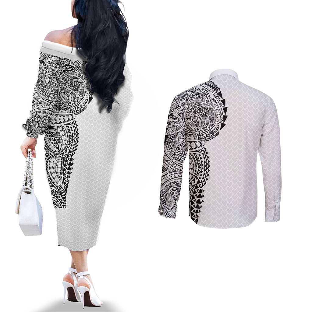 Hawaiian Traditional Tattoos Couples Matching Off The Shoulder Long Sleeve Dress and Long Sleeve Button Shirt Kakau Tribal Tropical Plant Motif White Color LT03 - Polynesian Pride