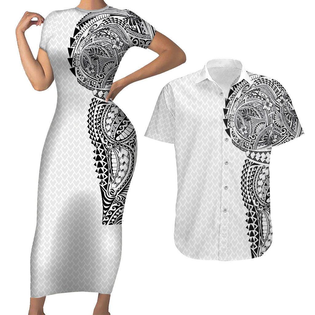 Hawaiian Traditional Tattoos Couples Matching Short Sleeve Bodycon Dress and Hawaiian Shirt Kakau Tribal Tropical Plant Motif White Color