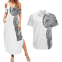 Hawaiian Traditional Tattoos Couples Matching Summer Maxi Dress and Hawaiian Shirt Kakau Tribal Tropical Plant Motif White Color LT03 White - Polynesian Pride