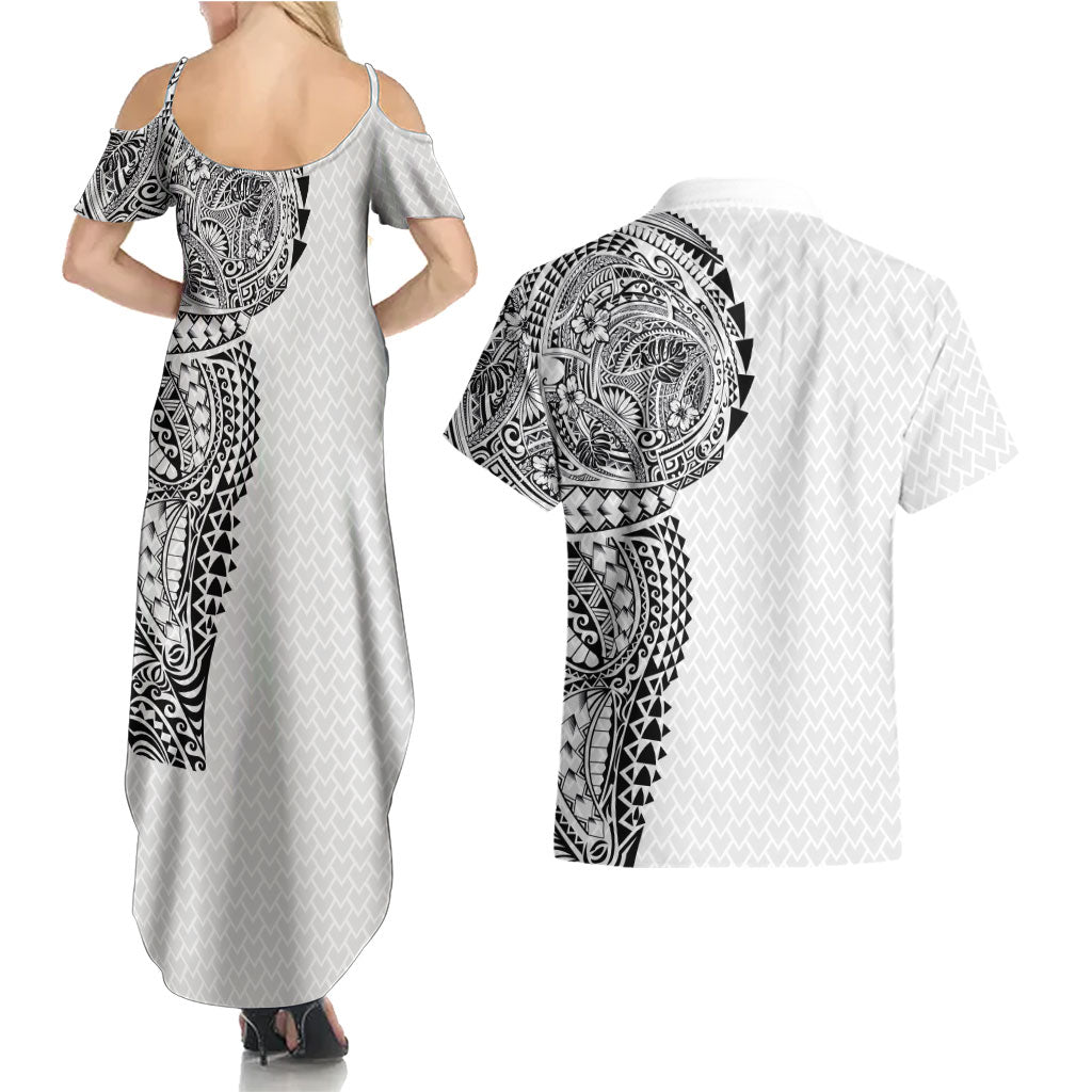 Hawaiian Traditional Tattoos Couples Matching Summer Maxi Dress and Hawaiian Shirt Kakau Tribal Tropical Plant Motif White Color LT03 - Polynesian Pride